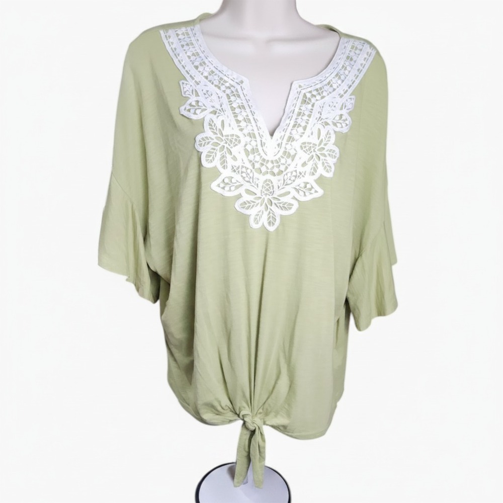 Ruby Rd Women Blouse XL Top Green White Lace Trim Split Neck Tie Front Cotton